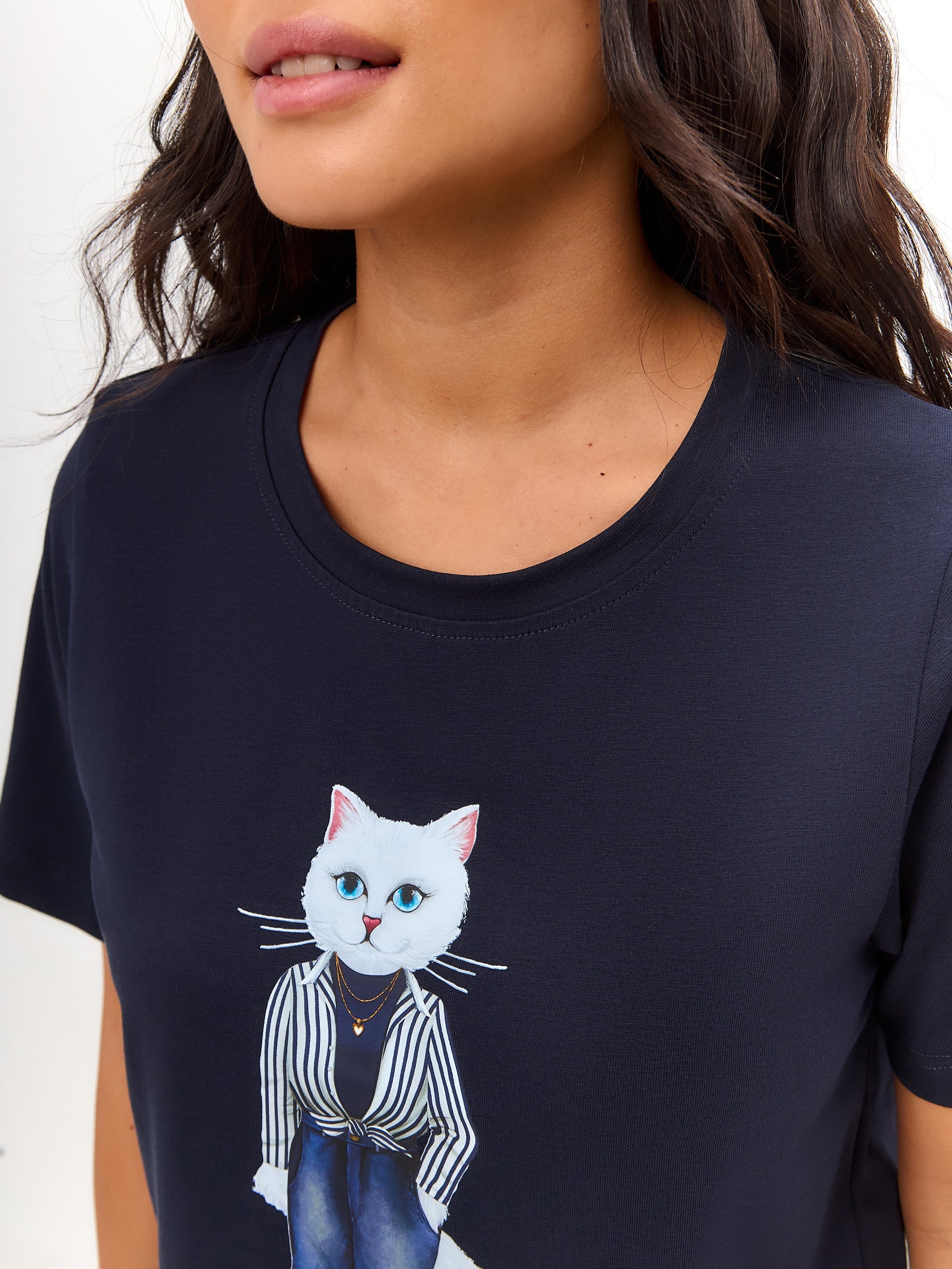 Blue Printed T-shirt COUNTRY WHITE CAT - Maniita Lacitta