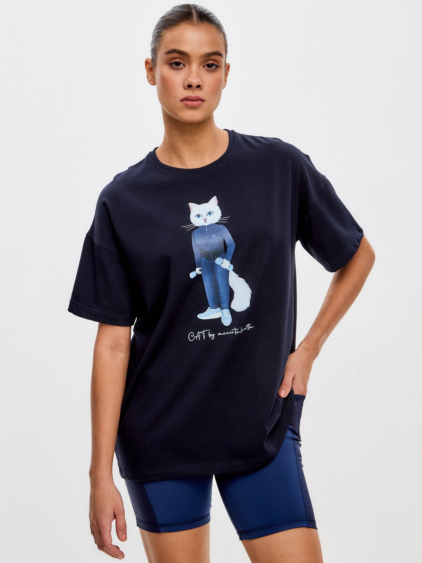 Blue Printed T-shirt SPORT WHITE CAT - Maniita Lacitta