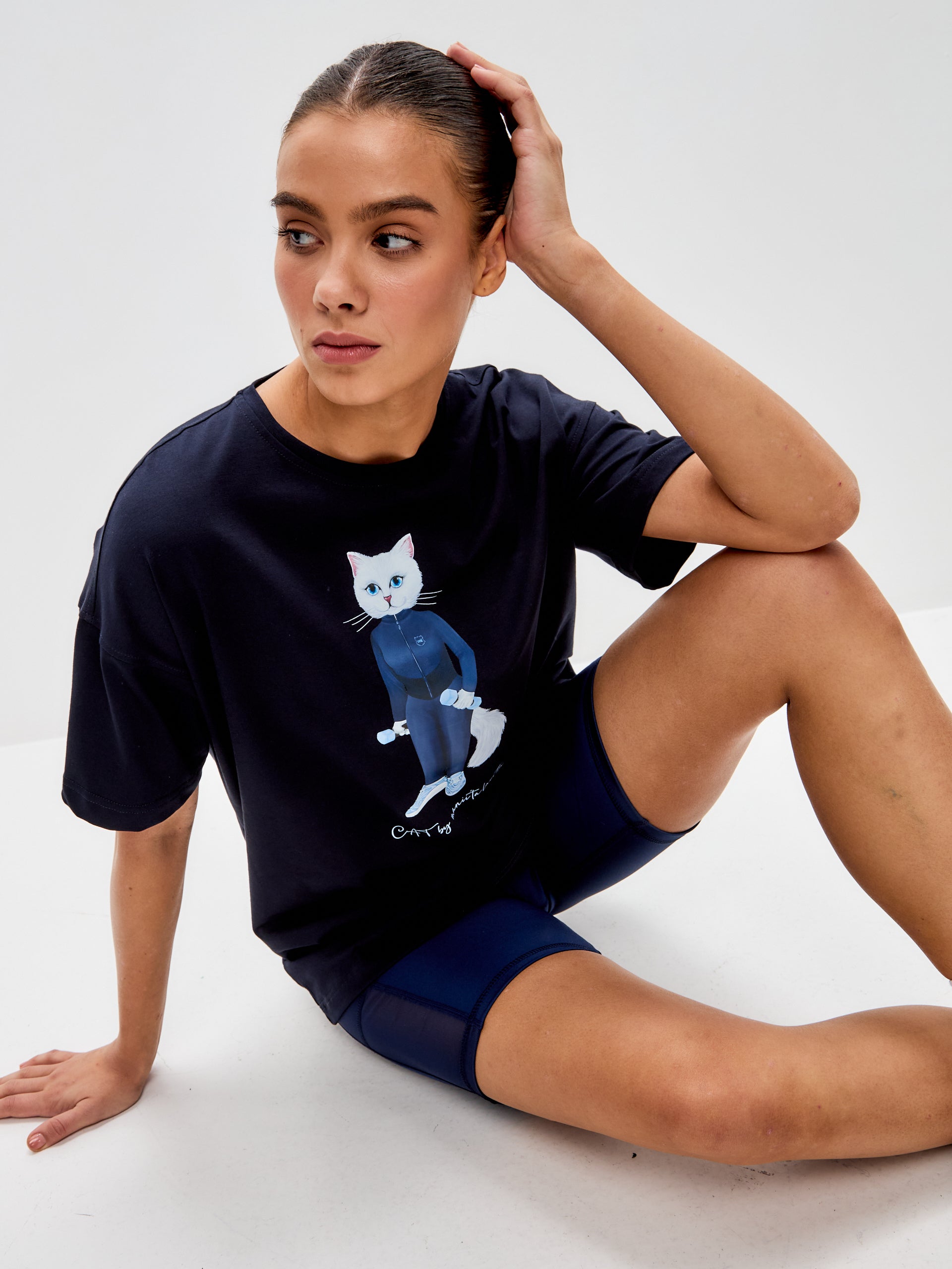 Blue Printed T-shirt SPORT WHITE CAT - Maniita Lacitta