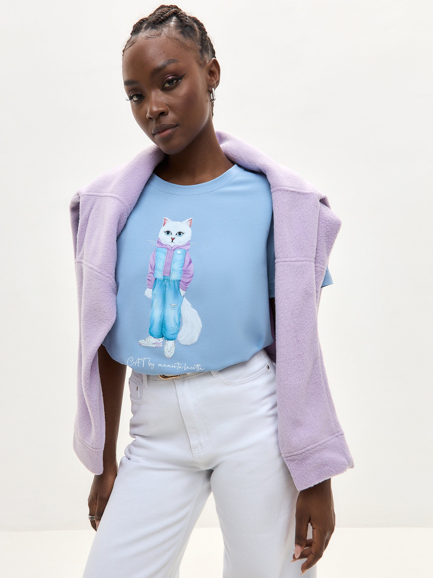 Blue Printed T-shirt WALKING CAT - Maniita Lacitta