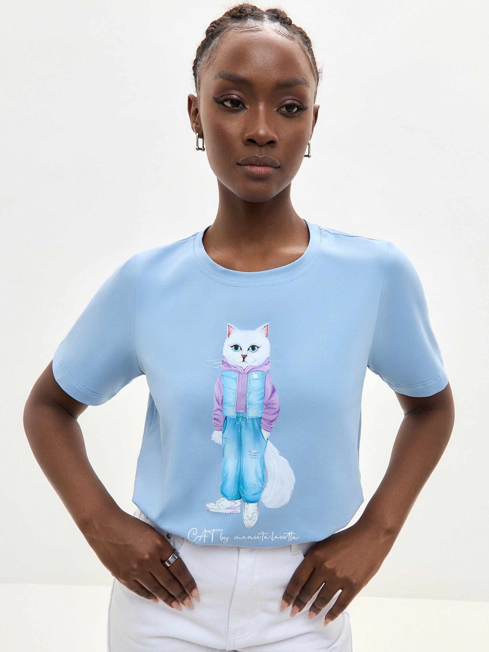 Blue Printed T-shirt WALKING CAT - Maniita Lacitta