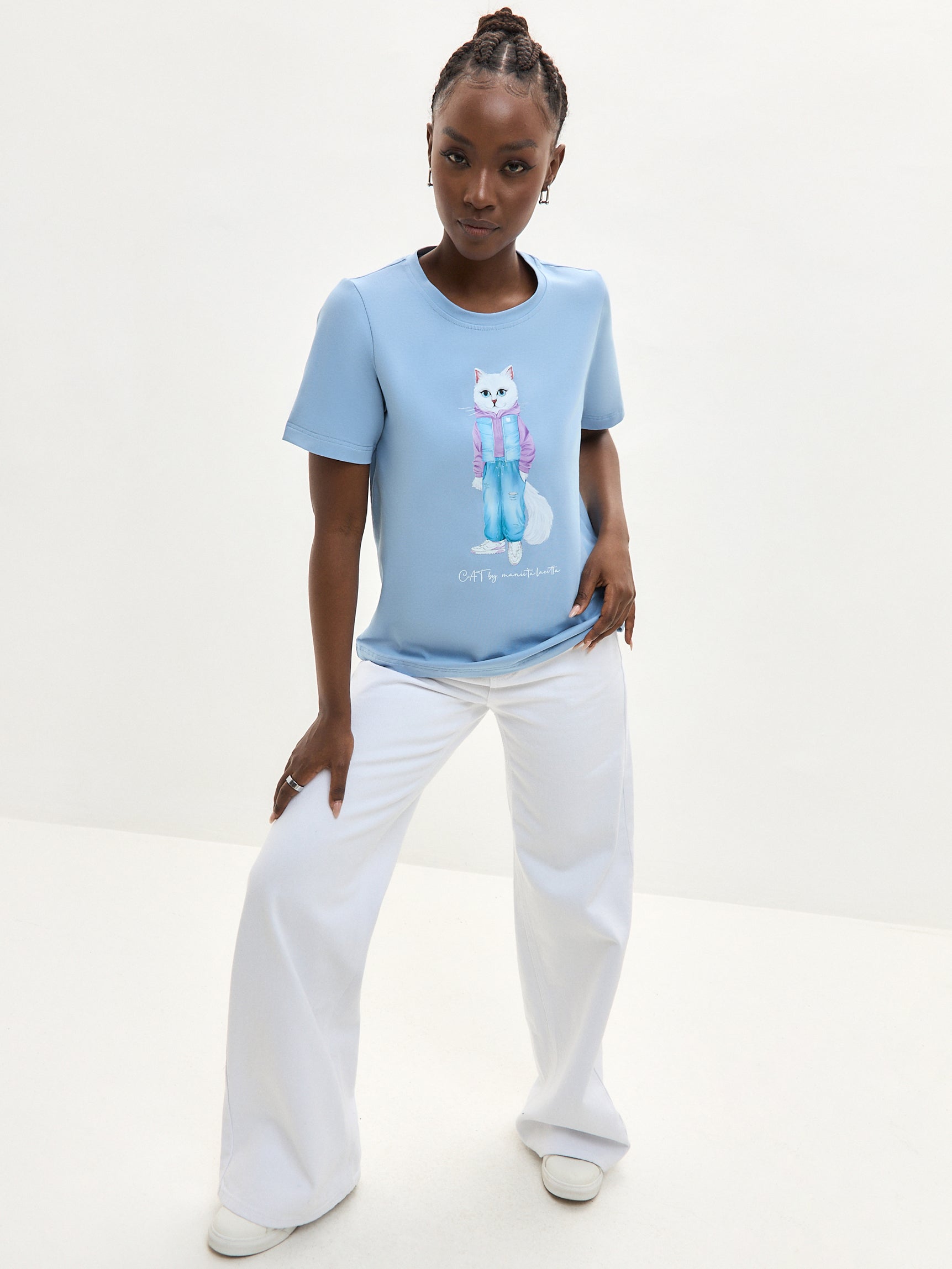 Blue Printed T-shirt WALKING CAT - Maniita Lacitta