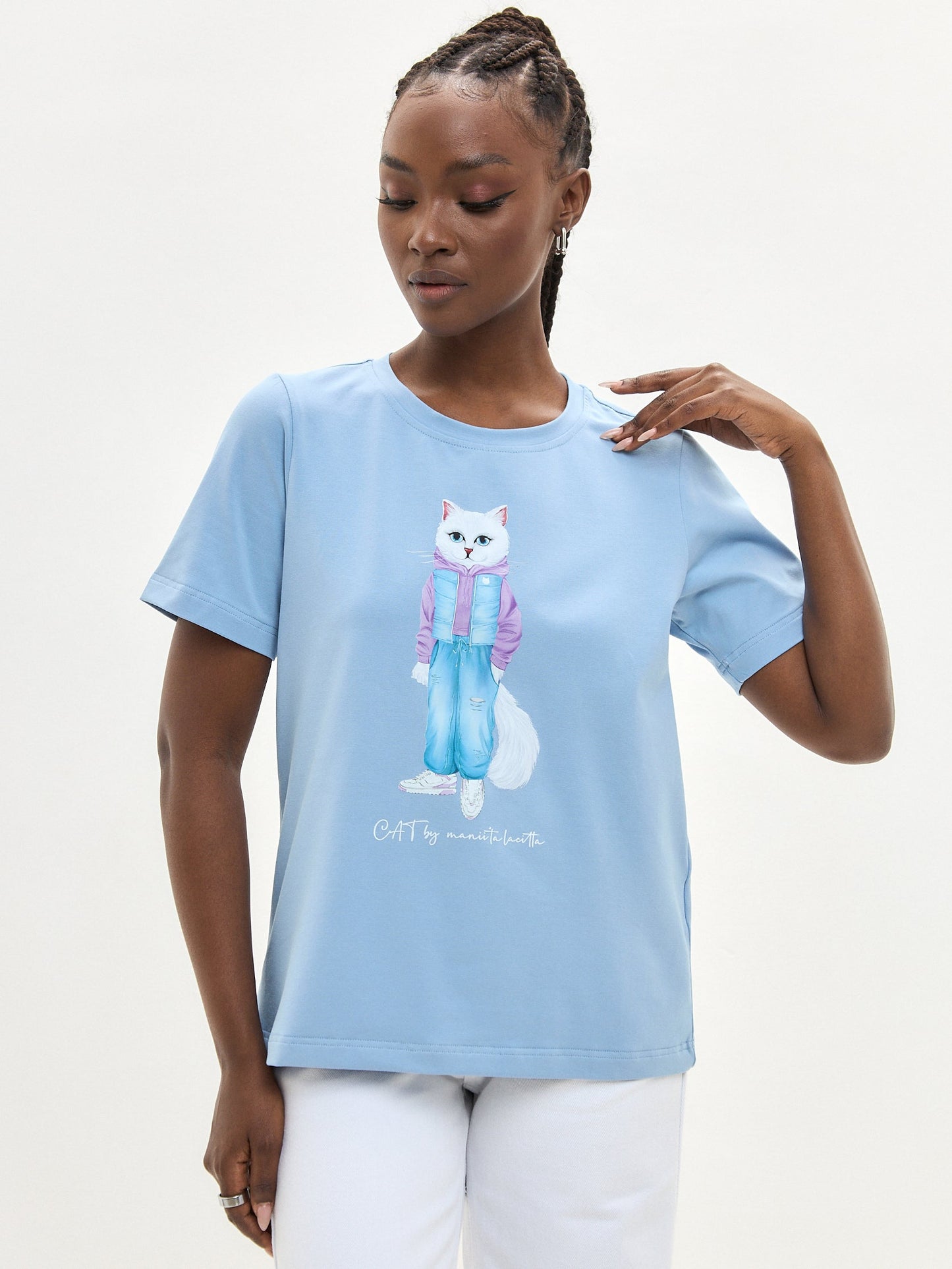 Blue Printed T-shirt WALKING CAT - Maniita Lacitta