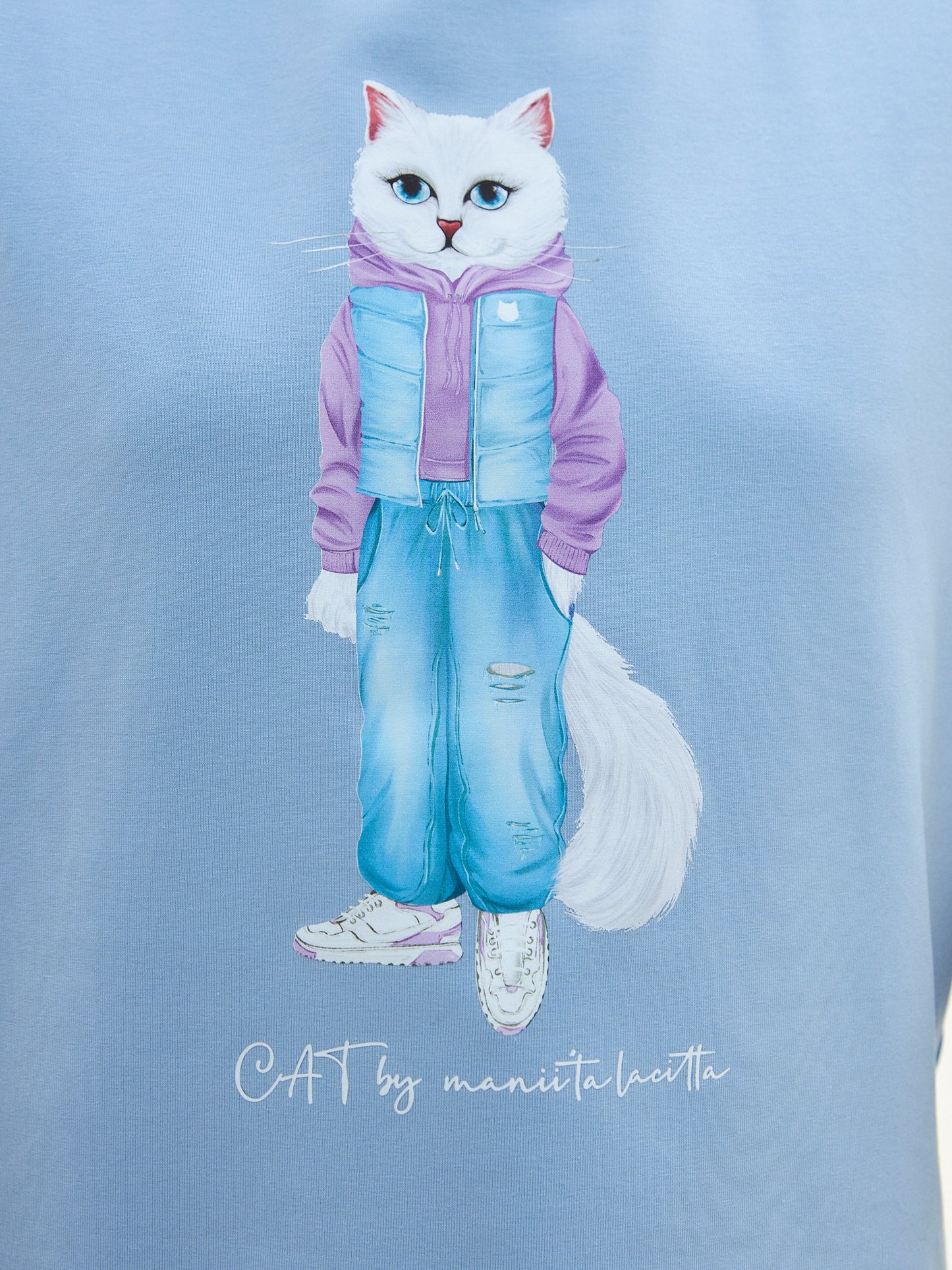 Blue Printed T-shirt WALKING CAT - Maniita Lacitta