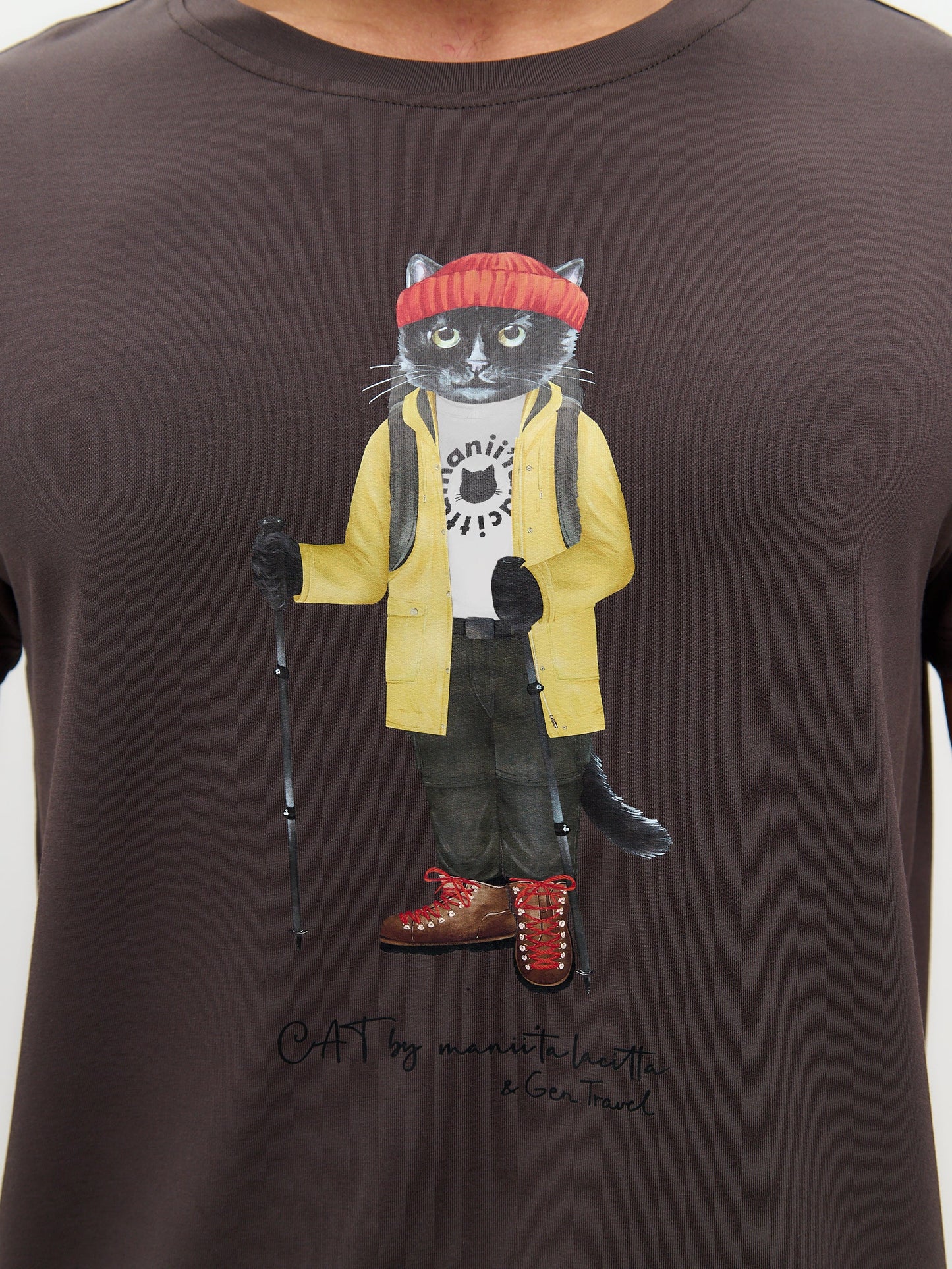 Brown Printed T-shirt TRAVEL CAT - Maniita Lacitta