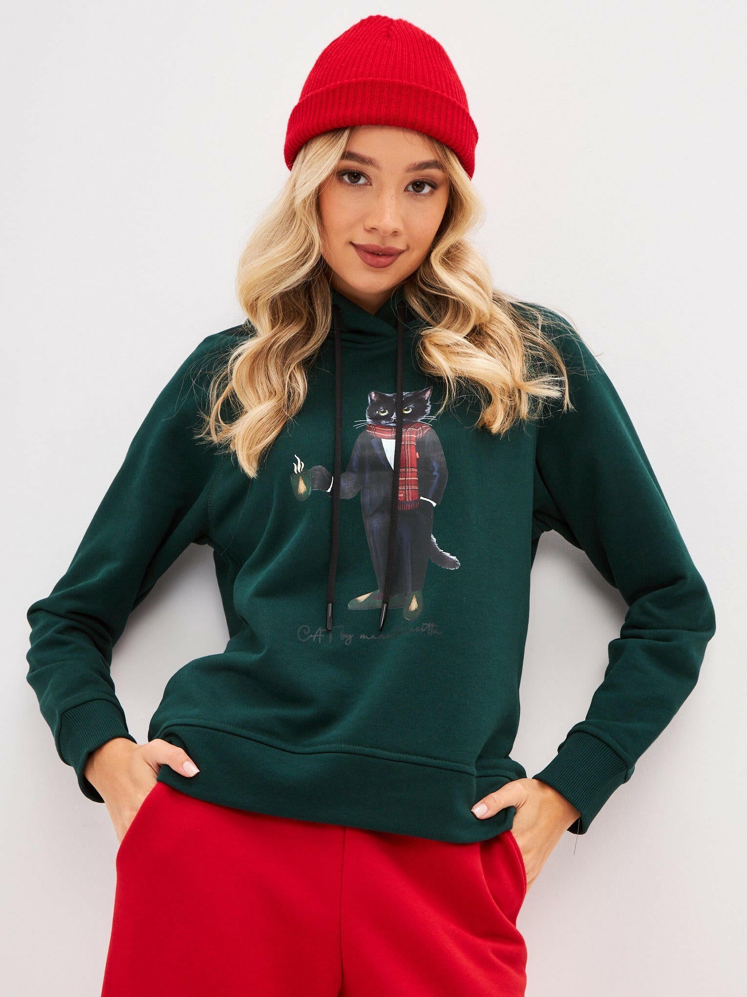 Green Printed Hoodie NEW YEAR CAT - Maniita Lacitta