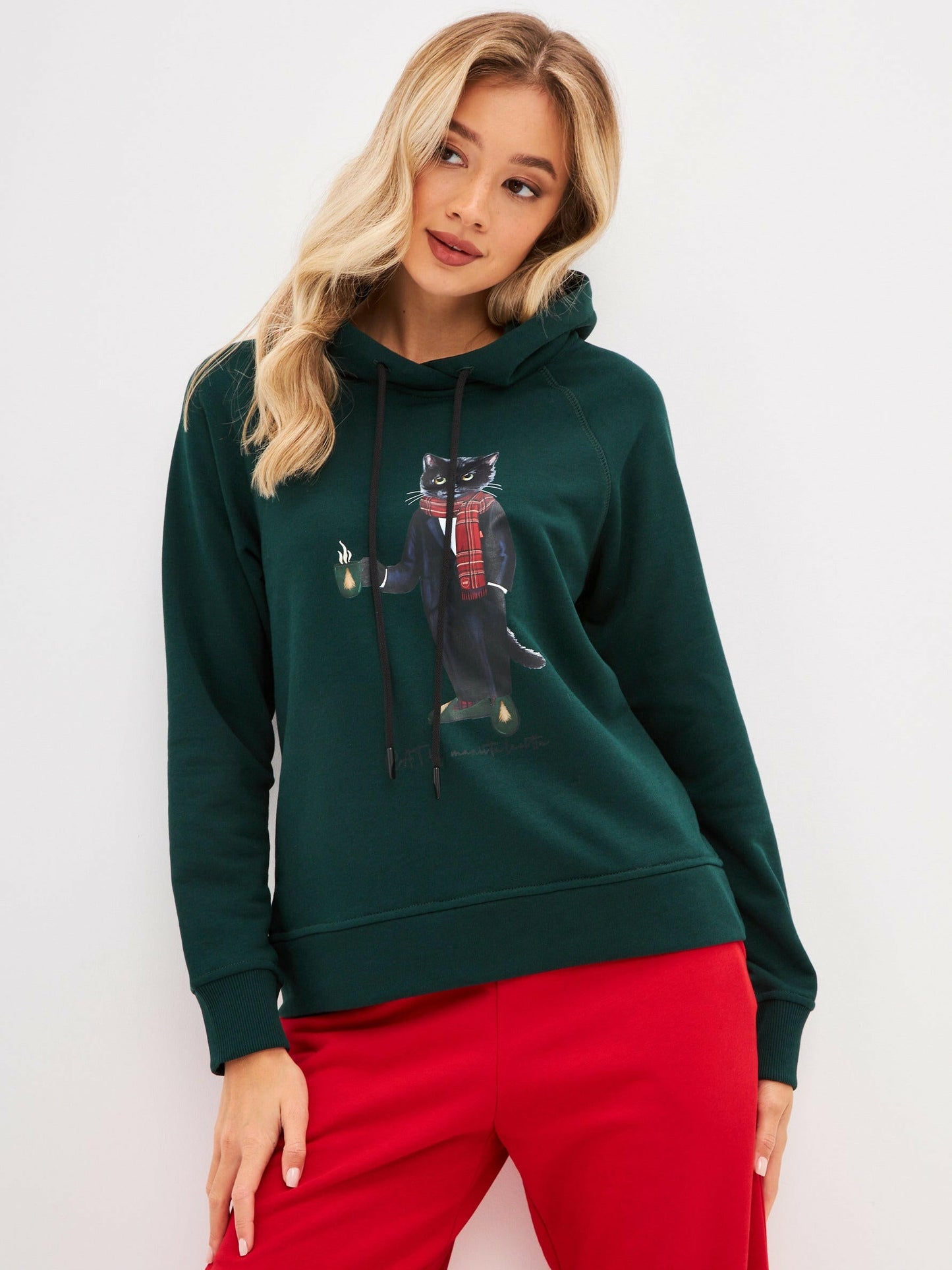 Green Printed Hoodie NEW YEAR CAT - Maniita Lacitta