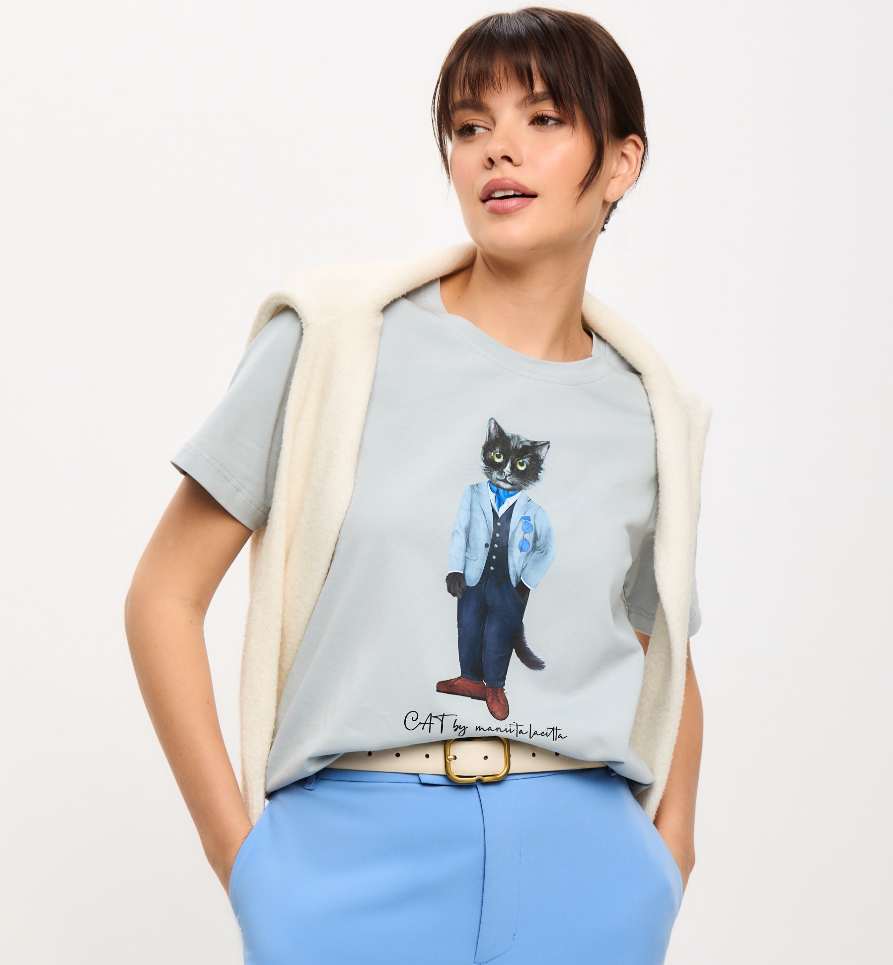 Grey Printed T-shirt SUIT CAT - Maniita Lacitta