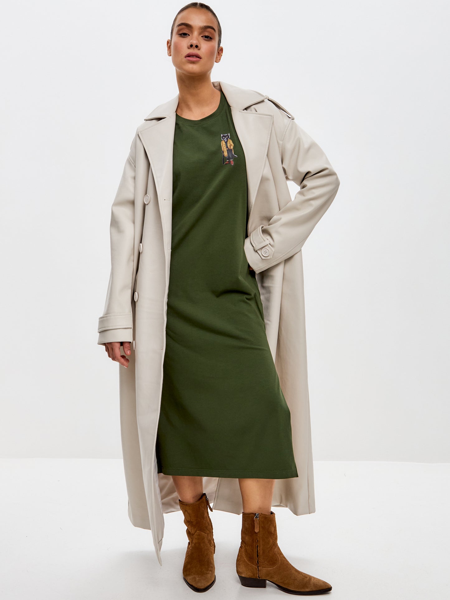 Khaki Printed Dress TRENCH COAT CAT - Maniita Lacitta