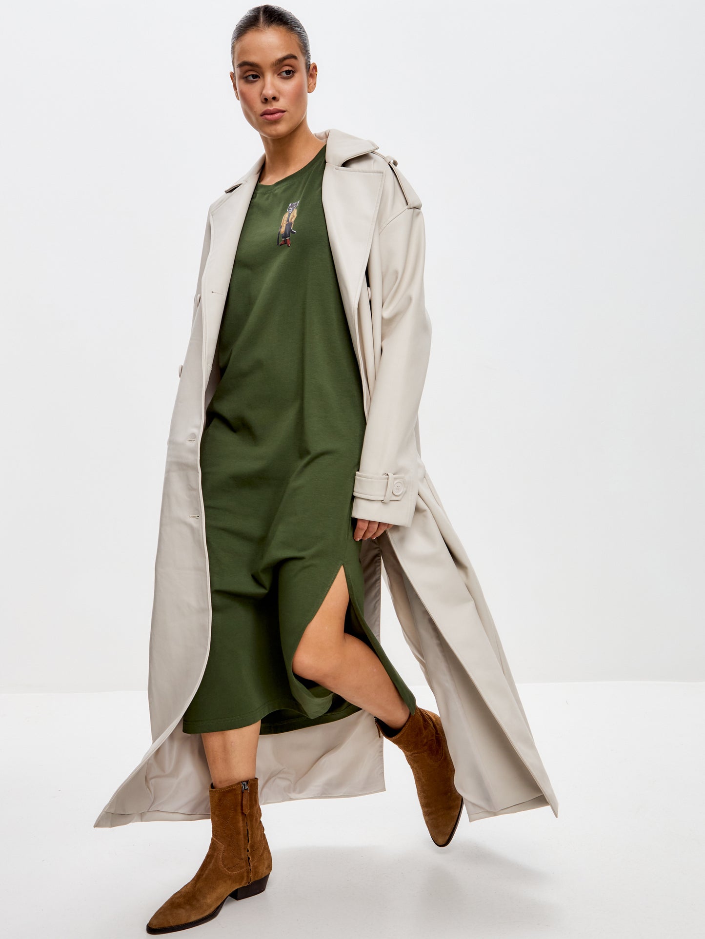 Khaki Printed Dress TRENCH COAT CAT - Maniita Lacitta