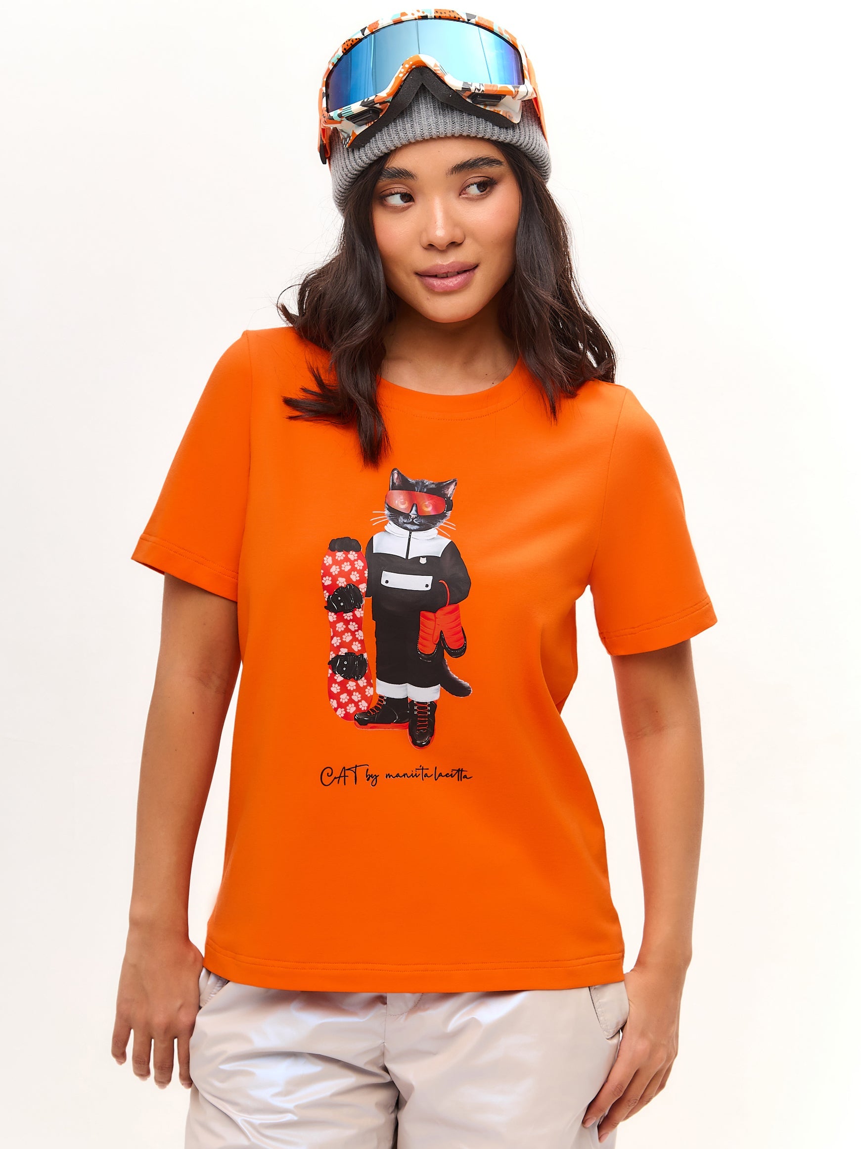 Orange Printed T-shirt SNOWBOARD CAT - Maniita Lacitta