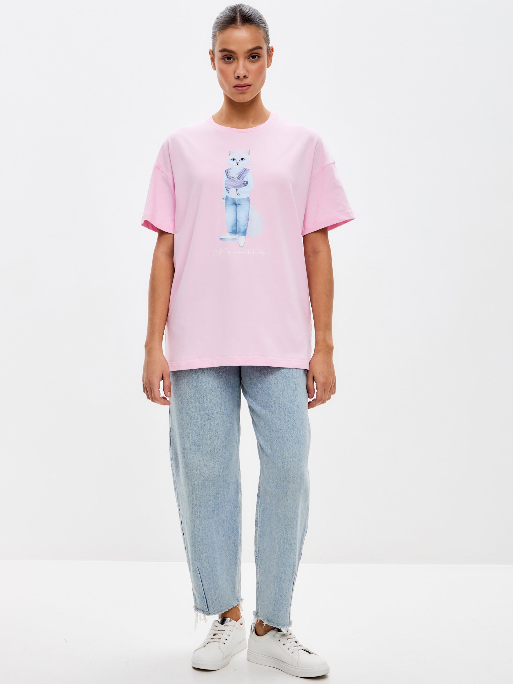 Pink Printed T-shirt MOTHER CAT - Maniita Lacitta