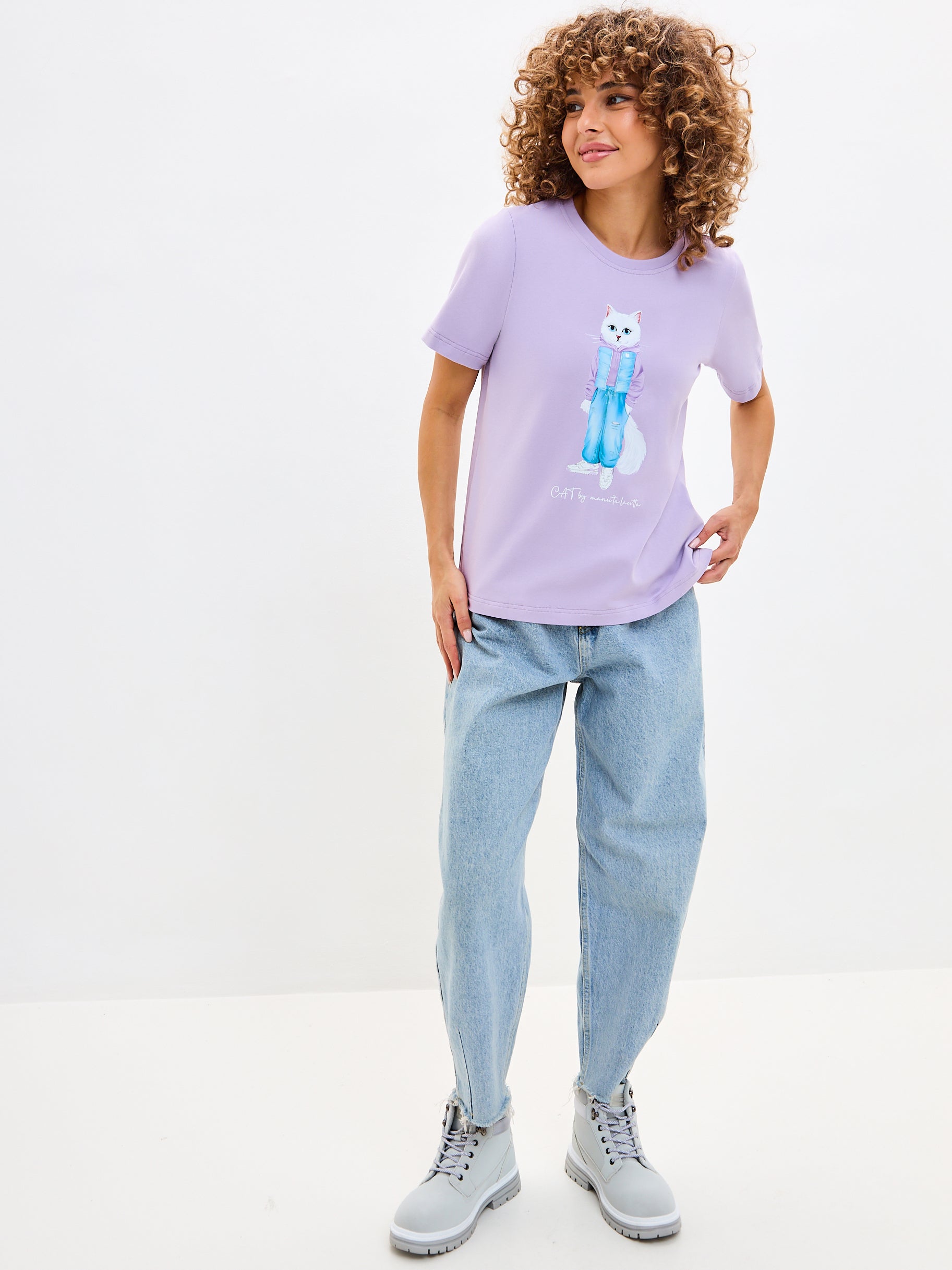 Purple Printed T-shirt WALKING CAT - Maniita Lacitta