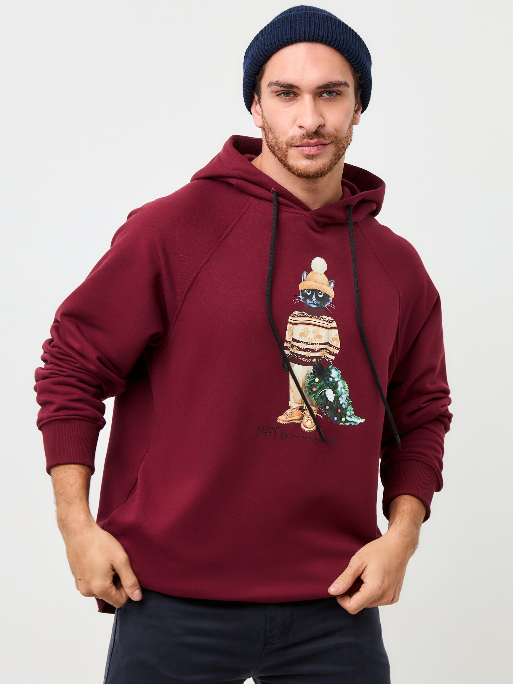 Red Printed Hoodie CHRISTMAS CAT - Maniita Lacitta