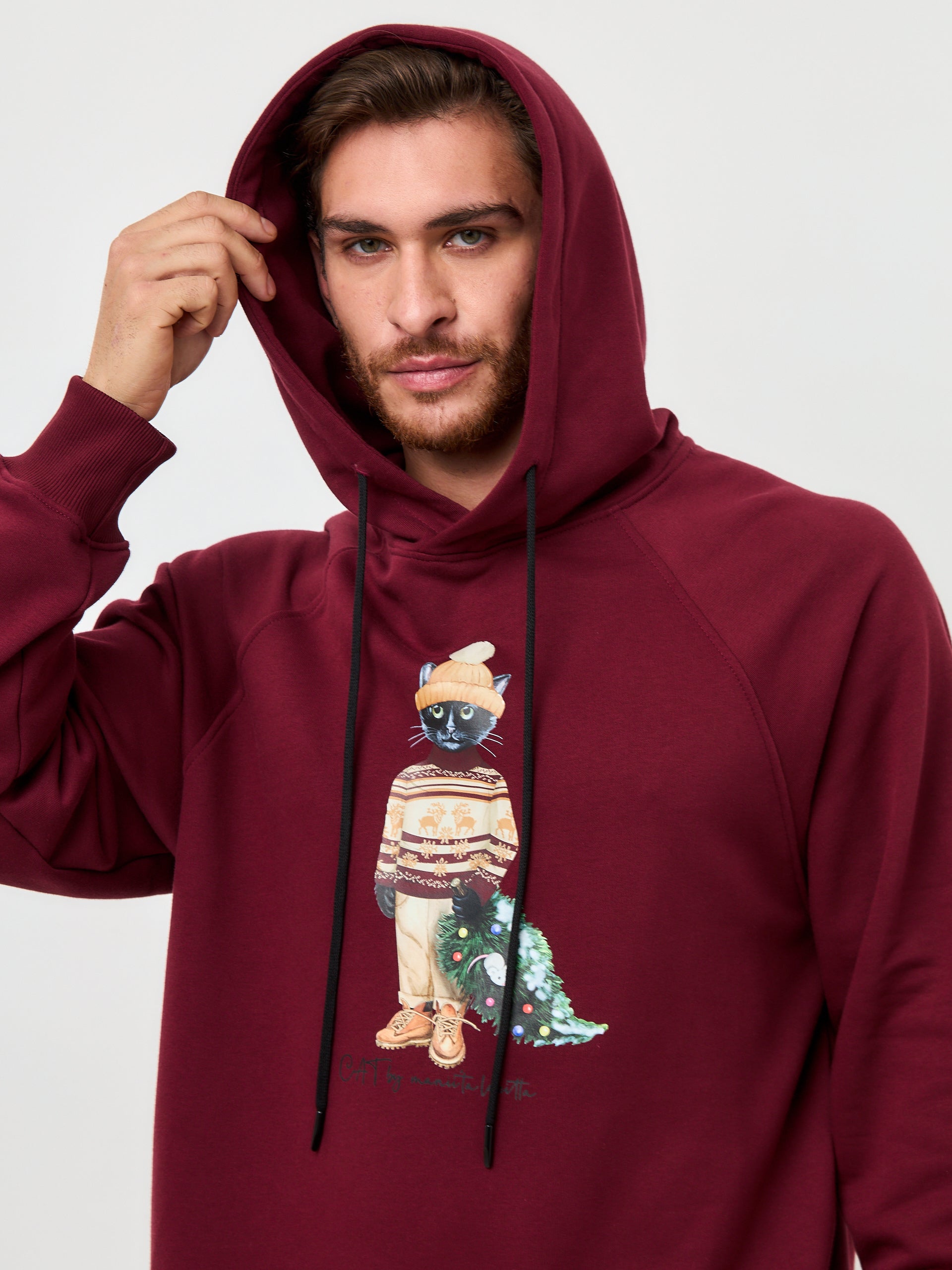 Red Printed Hoodie CHRISTMAS CAT - Maniita Lacitta