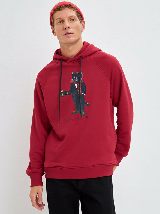 Red Printed Hoodie NEW YEAR CAT - Maniita Lacitta