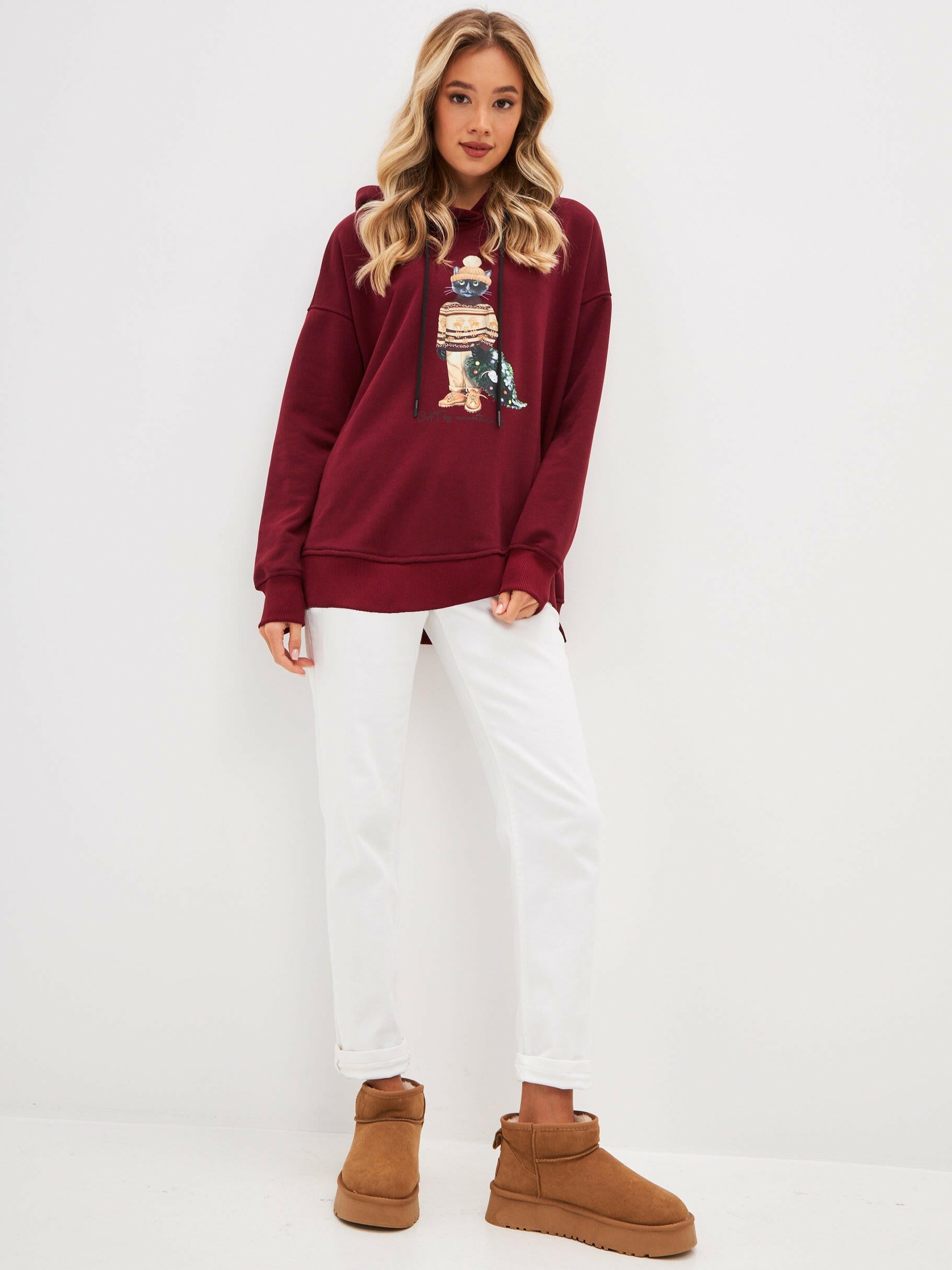 Red Printed Oversized Hoodie CHRISTMAS CAT - Maniita Lacitta