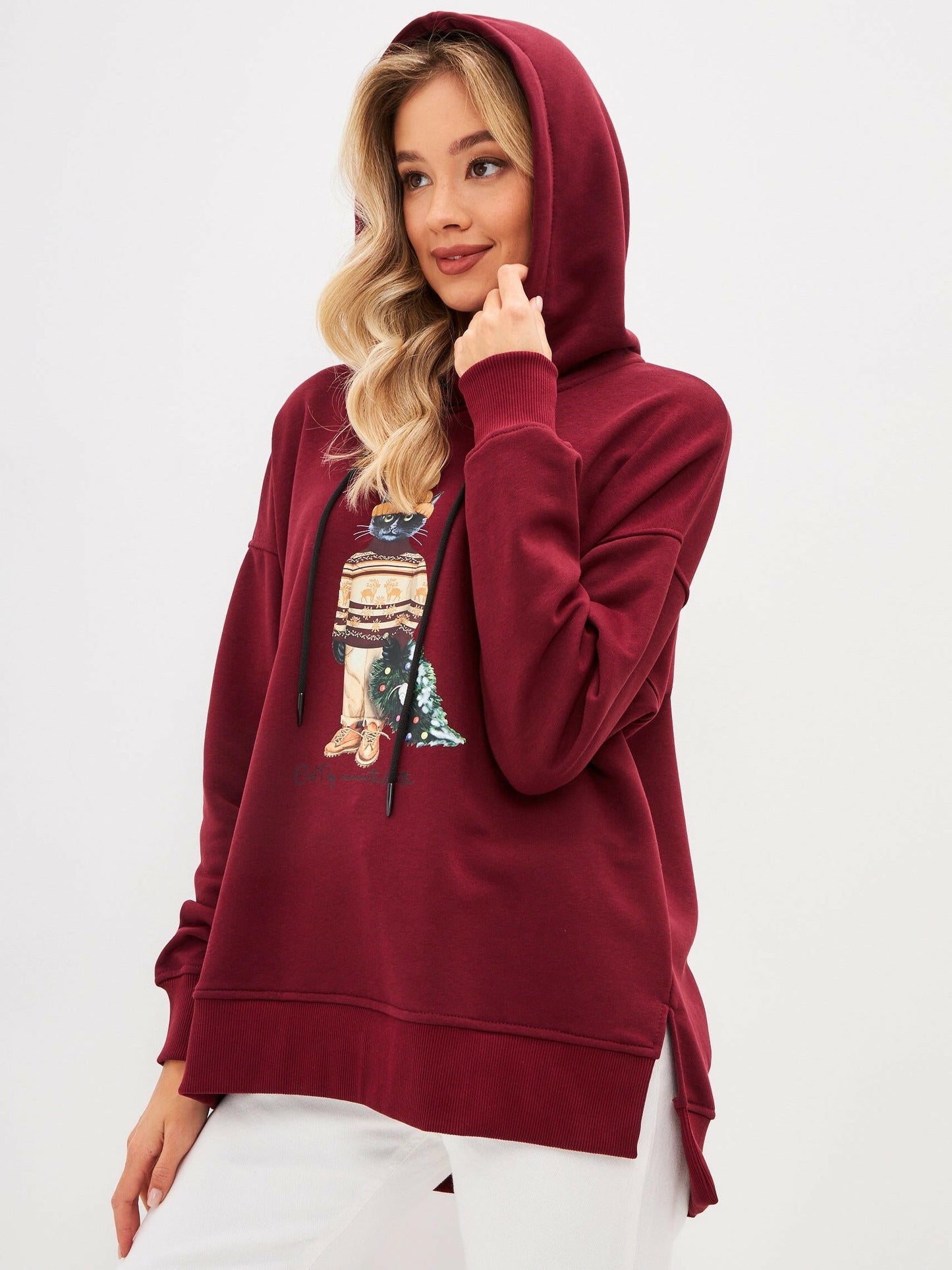 Red Printed Oversized Hoodie CHRISTMAS CAT - Maniita Lacitta