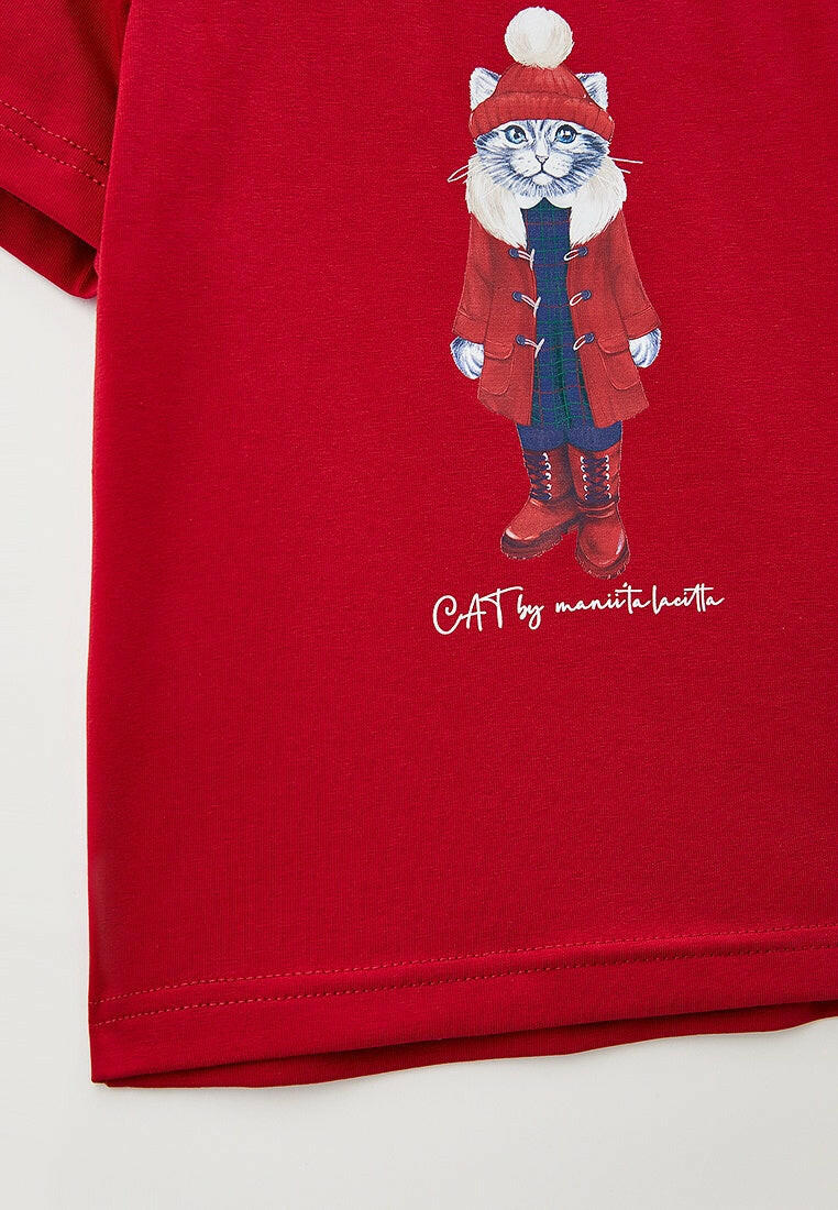 Red Printed T-shirt CHRISTMAS KITTY - Maniita Lacitta