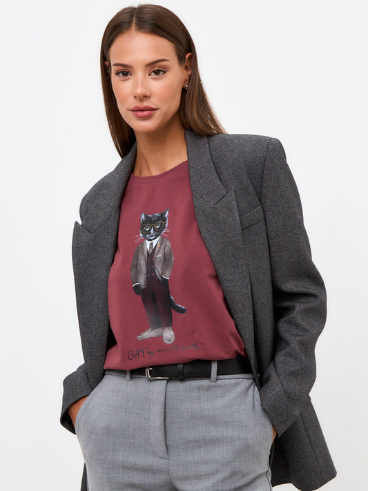 Red Printed T-shirt PROFESSOR CAT - Maniita Lacitta