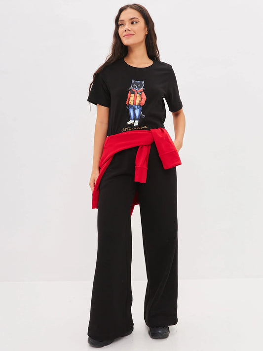 Set of black t-shirt and wide-leg sweatpants with Cat print Sport Casual Cat - maniita lacitta