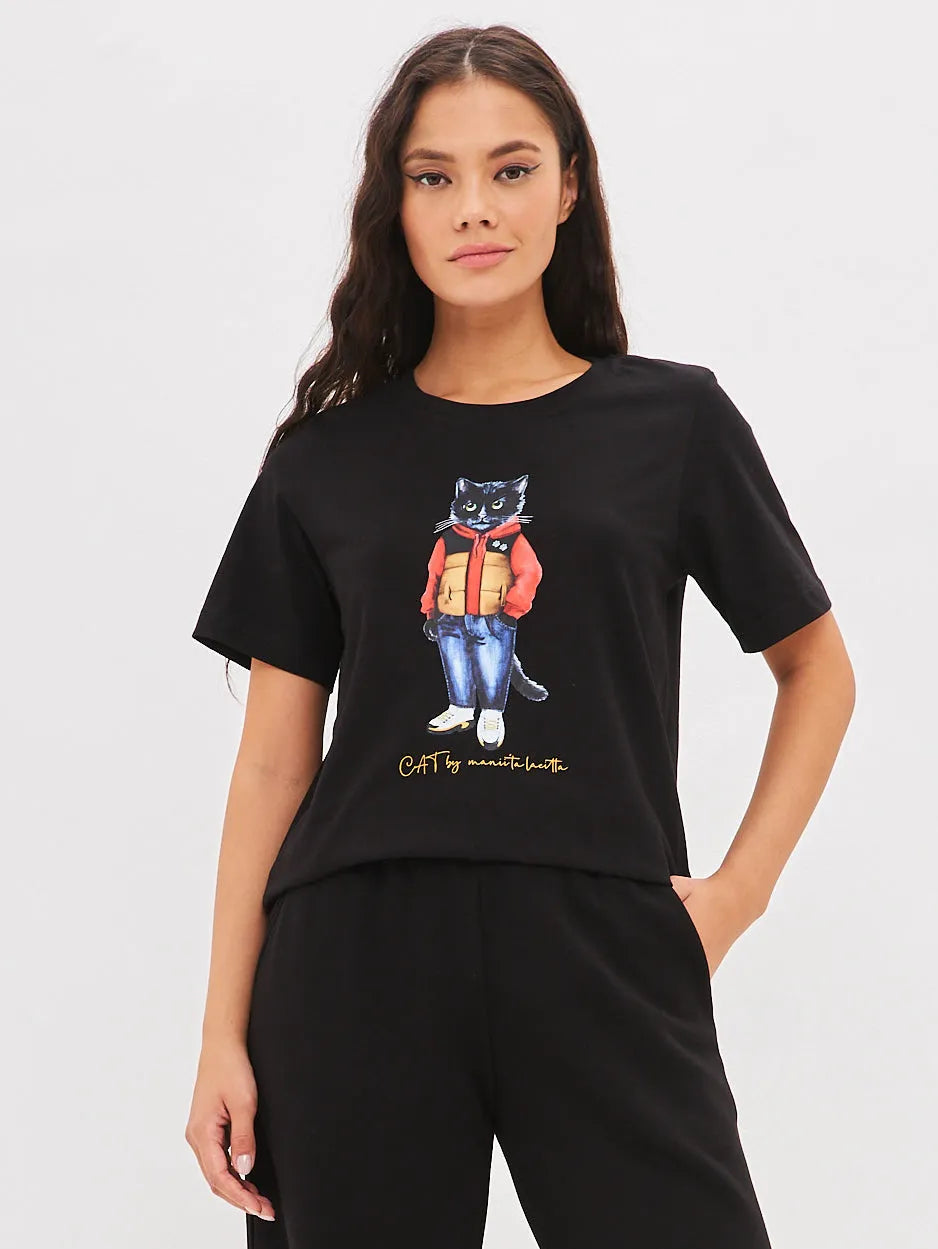 Set of black t-shirt and wide-leg sweatpants with Cat print Sport Casual Cat - maniita lacitta