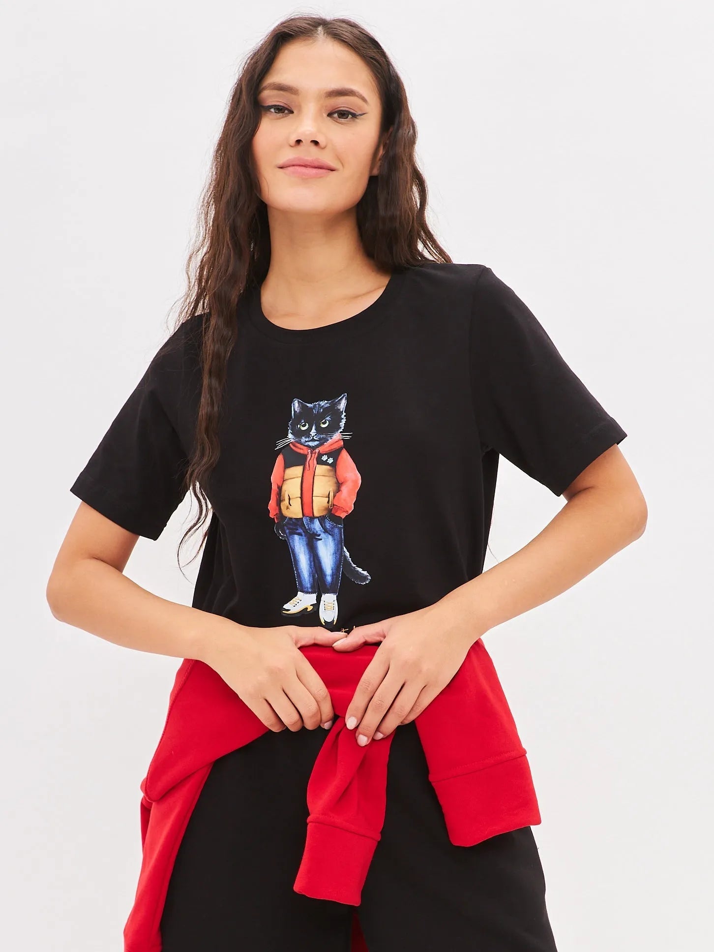 Set of black t-shirt and wide-leg sweatpants with Cat print Sport Casual Cat - maniita lacitta