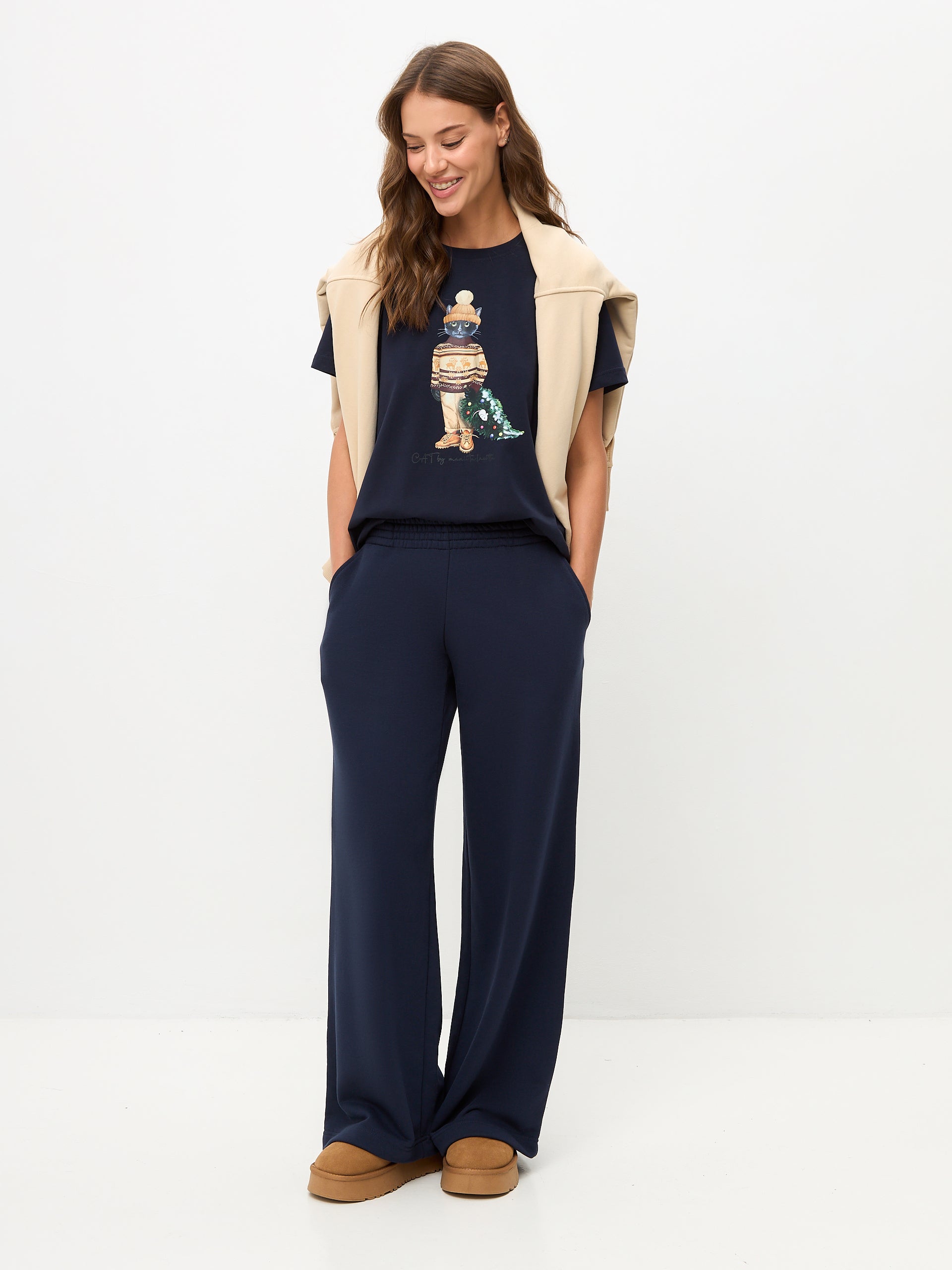 Set: women's blue T-shirt with CHRISTMAS CAT print and blue wide sweatpants - Maniita Lacitta