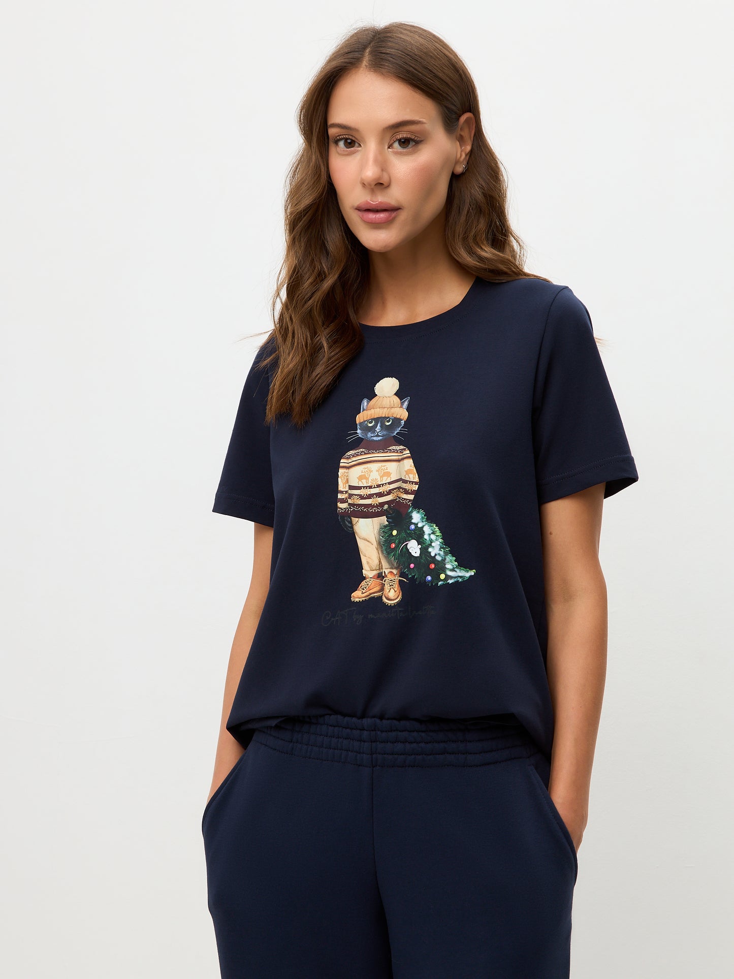 Set: women's blue T-shirt with CHRISTMAS CAT print and blue wide sweatpants - Maniita Lacitta