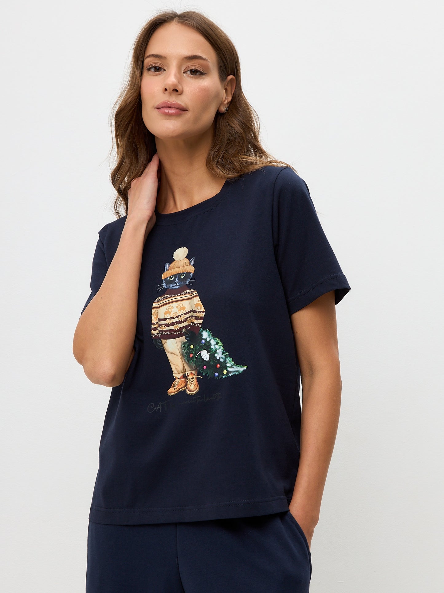 Set: women's blue T-shirt with CHRISTMAS CAT print and blue wide sweatpants - Maniita Lacitta