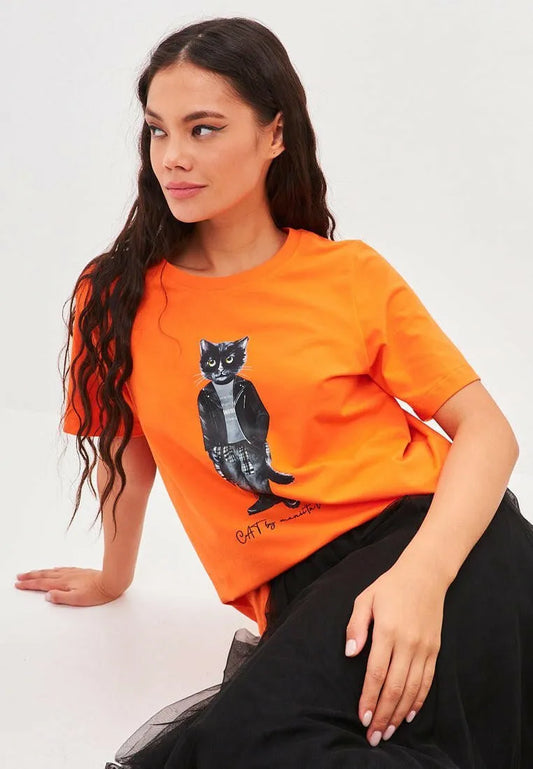 Set: women's orange T-shirt with ROCKER CAT print and black tulle maxi skirt - Maniita Lacitta