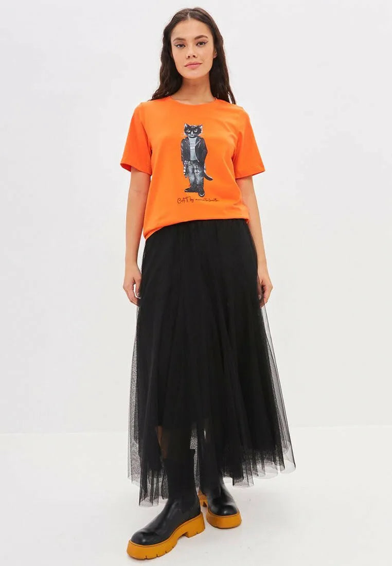 Set: women's orange T-shirt with ROCKER CAT print and black tulle maxi skirt - Maniita Lacitta