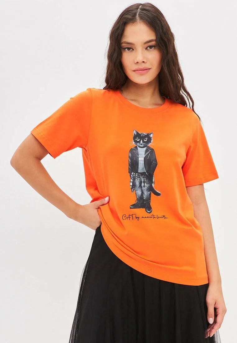 Set: women's orange T-shirt with ROCKER CAT print and black tulle maxi skirt - Maniita Lacitta