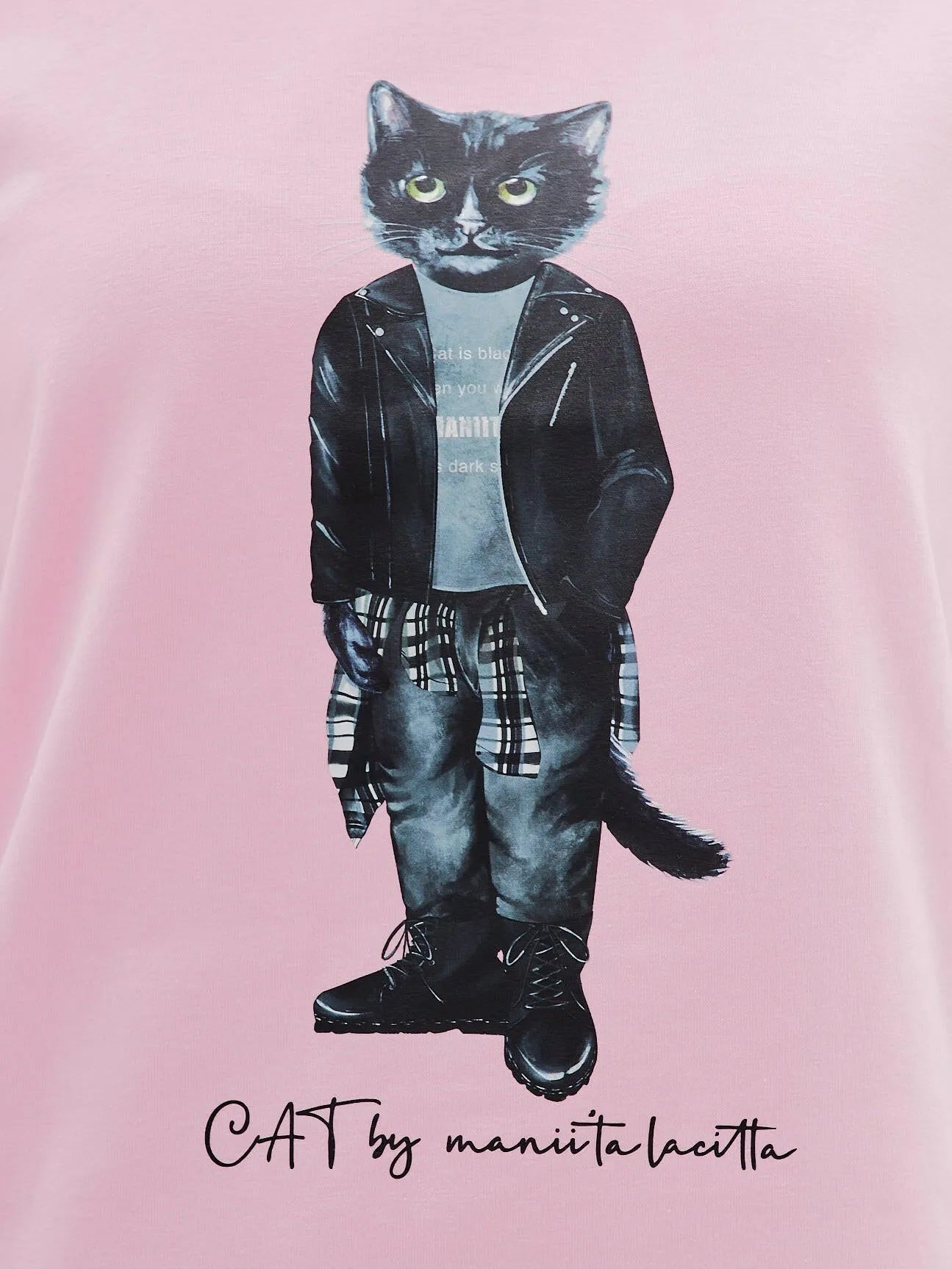 Set: women's pink T-shirt with ROCKER CAT print and black wide sweatpants - Maniita Lacitta