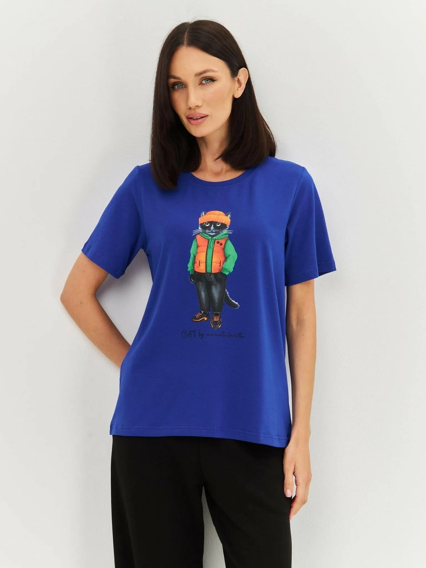 Set: women's royal blue T-shirt with Cat print and black wide-leg sweatpants - Maniita Lacitta