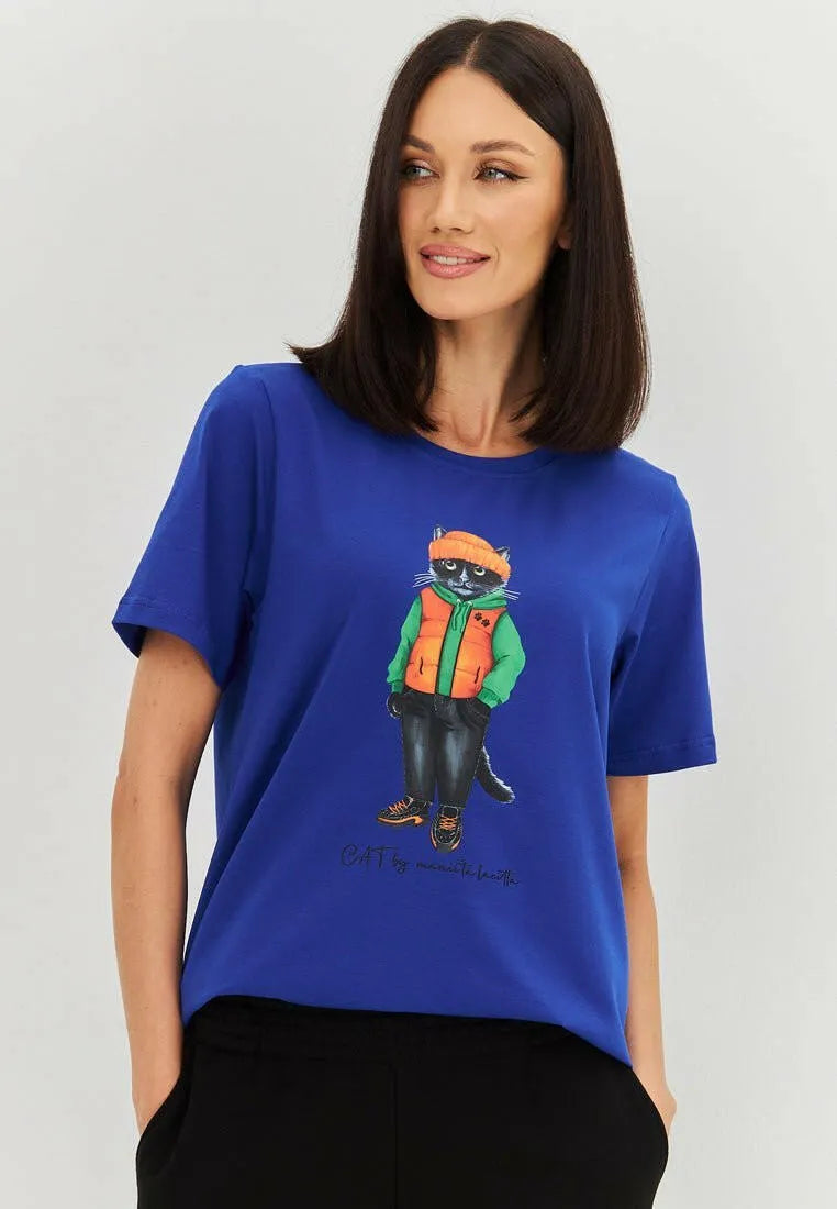 Set: women's royal blue T-shirt with Cat print and black wide-leg sweatpants - Maniita Lacitta