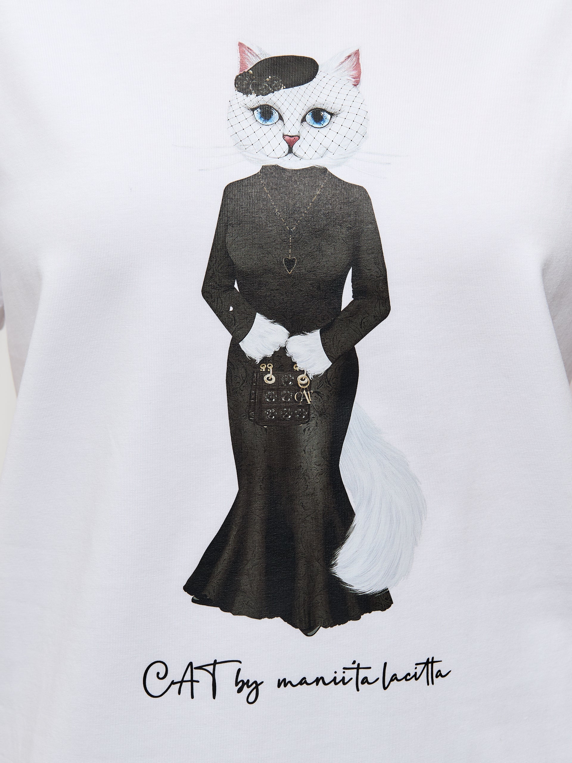 Set: women's white T-shirt with a white cat and black tulle skirt - Maniita Lacitta