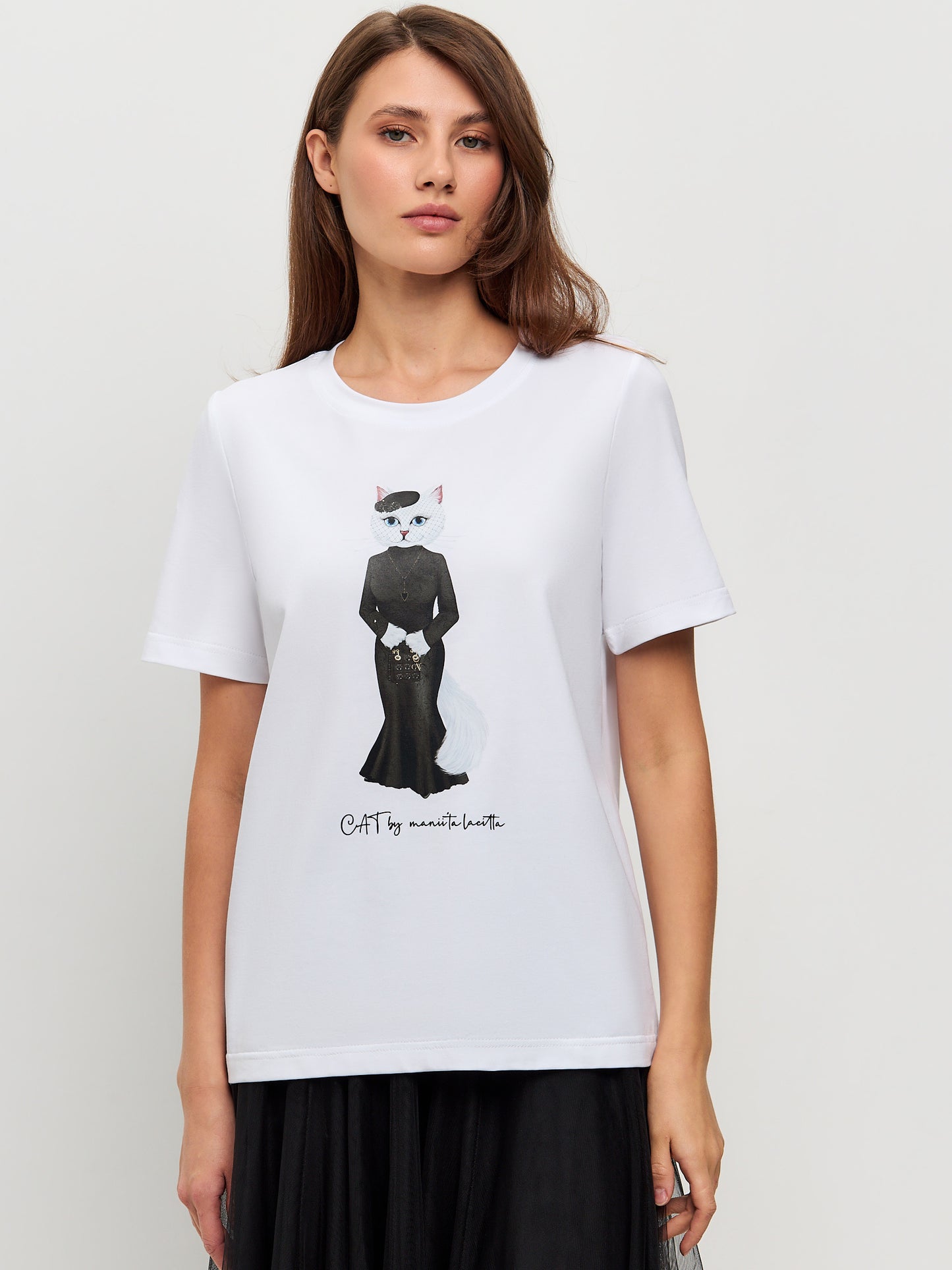 Set: women's white T-shirt with a white cat and black tulle skirt - Maniita Lacitta