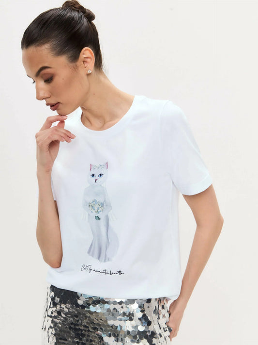 White Printed T-shirt BRIDE CAT Maniita Lacitta.