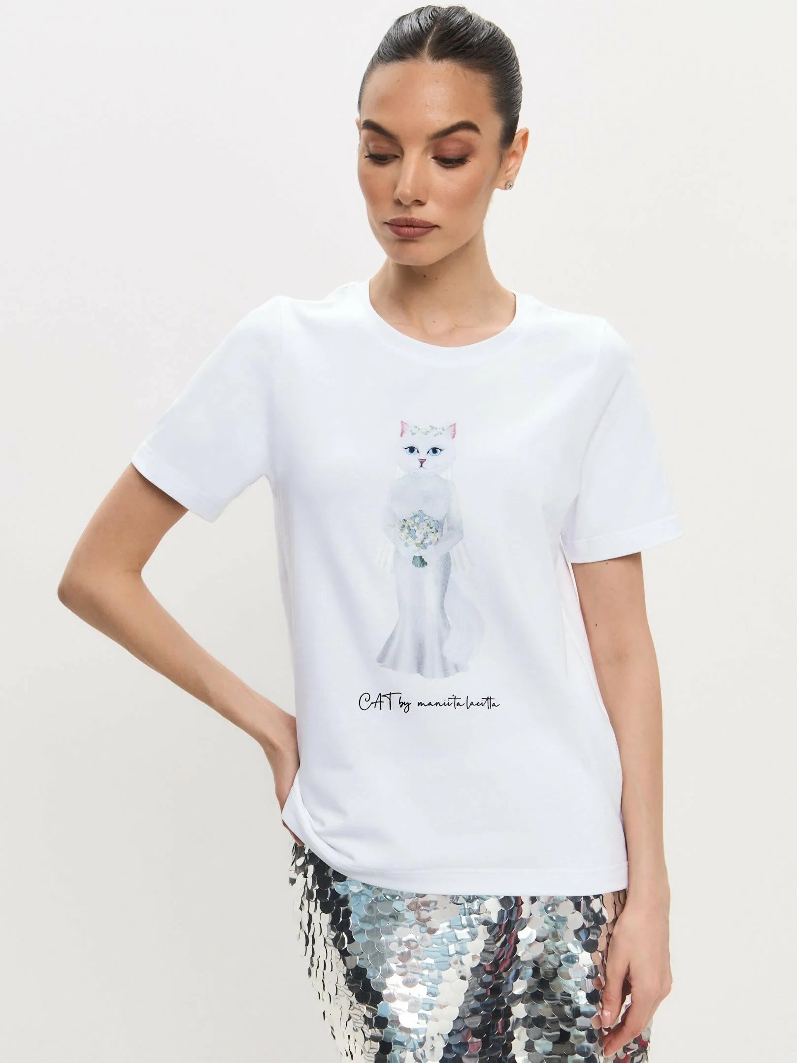 White Printed T-shirt BRIDE CAT Maniita Lacitta.