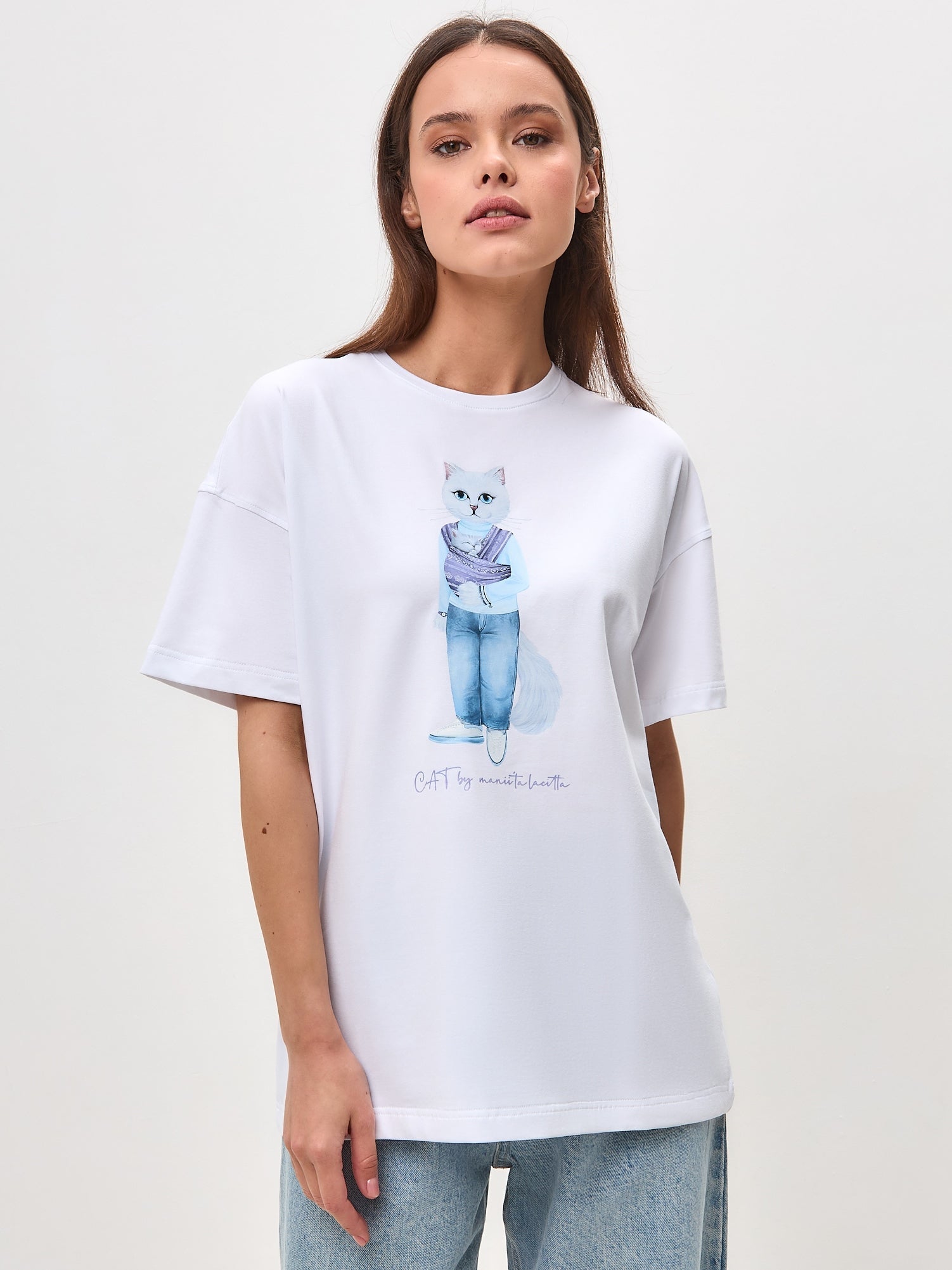 White Printed T-shirt MOTHER CAT - Maniita Lacitta