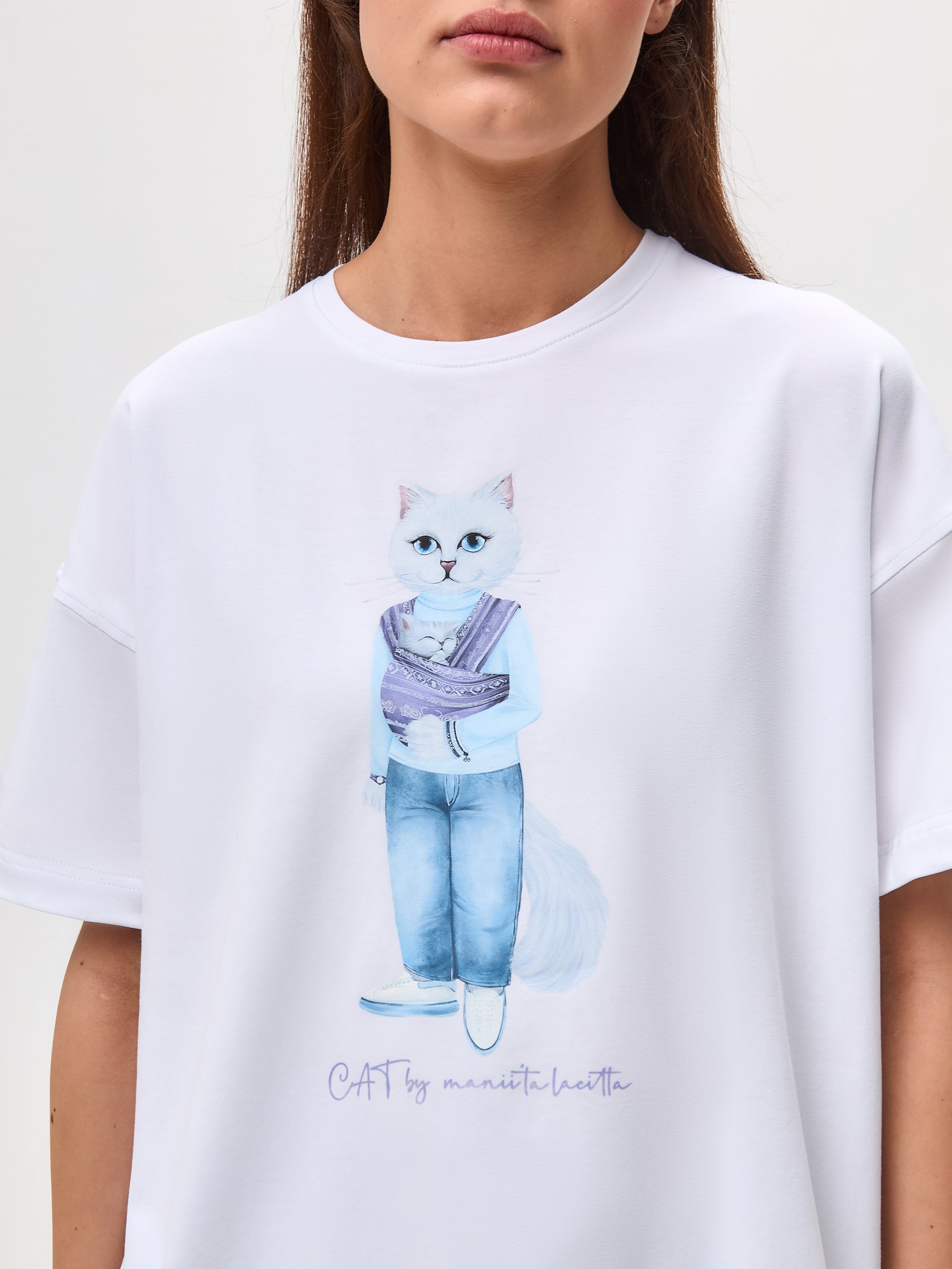 White Printed T-shirt MOTHER CAT - Maniita Lacitta